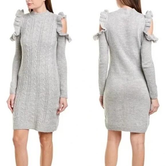 Wayf Mock Neck Cold Shoulder Cable Knit Mini Sweater Dress Oatmeal/Grey Medium - Picture 1 of 9